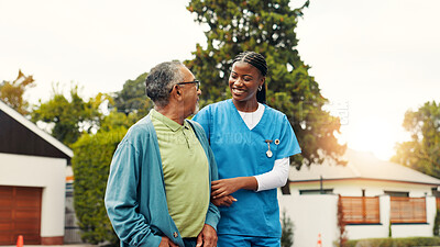 Buy stock photo Senior, man and walking with nurse outdoor for morning exercise, retirement rehabilitation and fresh air. Happy, caregiver and old person in road with mobility support, bonding together and routine