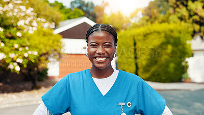 Buy stock photo Nurse, black woman and portrait outdoor at nursing home for healthcare support, medical assistance and confidence. Health professional, caregiver and happy in road for retirement wellness or homecare