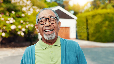 Buy stock photo Portrait, outdoor and senior man at retirement home with laughing, happiness and relax on weekend. Smile, funny and elderly male person from Mexico with glasses in backyard of nursing facility.