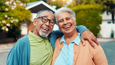 Buy stock photo Senior couple, portrait and happy outdoor for fresh air, retirement support and bonding together. Elderly people, smile and affection in neighborhood for romantic date, marriage commitment and love