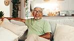 Happy, relax and portrait of senior man on sofa in home with calm, peace and retirement. Smile, glasses and elderly male person from Brazil in living room with health and wellness in apartment.