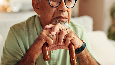 Buy stock photo Hands, sad old man and thinking with cane in home for retirement worry, regret decision and nostalgic memory. Lonely, mental health and elderly person with depression for alzheimer, grief and loss