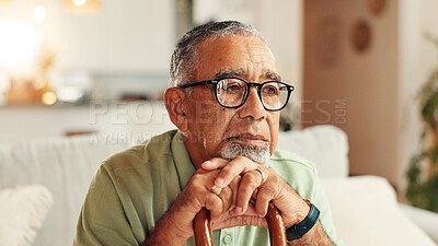 Buy stock photo Stress, sad old man and thinking with cane in home for retirement worry, regret decision and nostalgic reflection. Alone, mental health and elderly person with depression for dementia, grief and loss