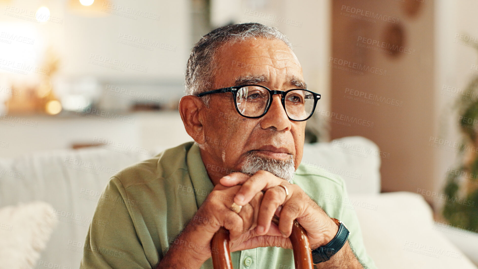 Buy stock photo Stress, sad old man and thinking with cane in home for retirement worry, regret decision and nostalgic reflection. Alone, mental health and elderly person with depression for dementia, grief and loss