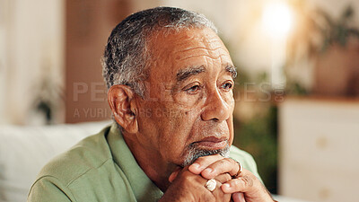 Buy stock photo Sad, senior man or thinking in home with retirement loneliness, grief or remember memory with nostalgia. Face, mental health or elderly person with depression on sofa for loss, reflection or dementia