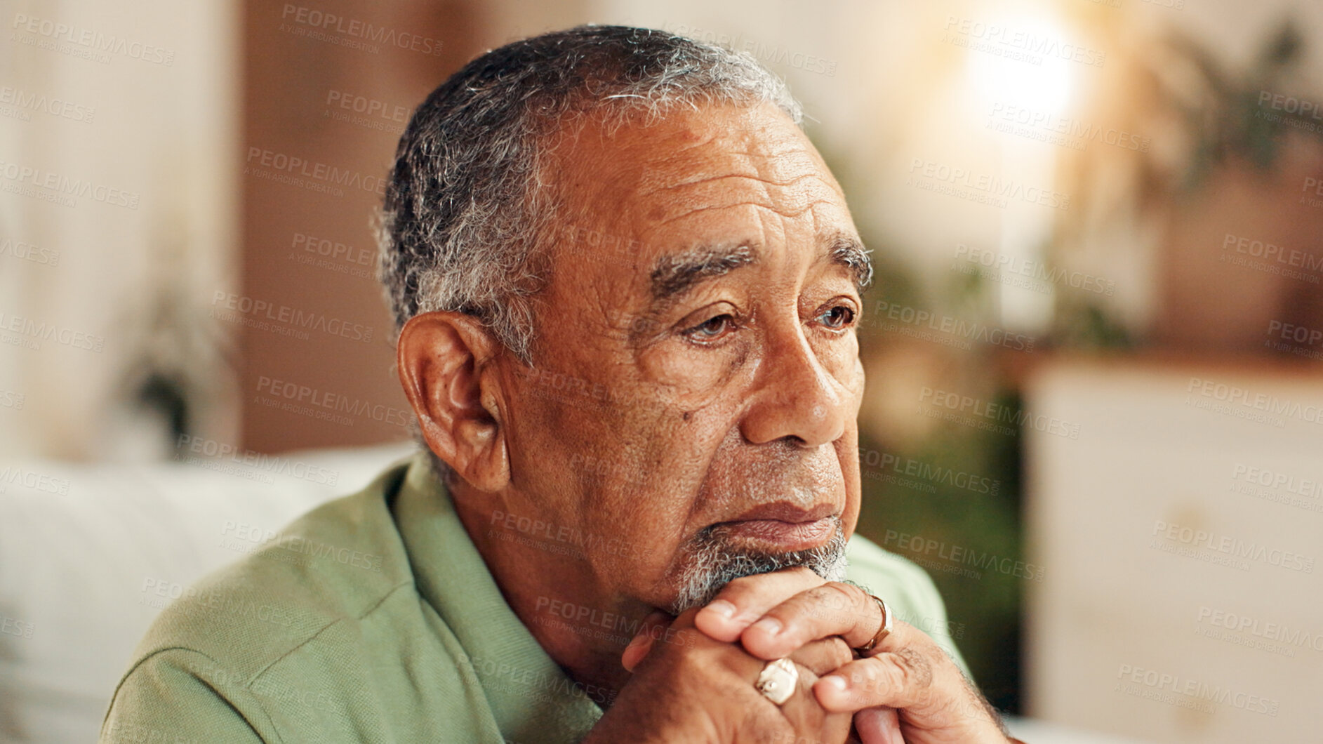 Buy stock photo Sad, senior man or thinking in home with retirement loneliness, grief or remember memory with nostalgia. Face, mental health or elderly person with depression on sofa for loss, reflection or dementia