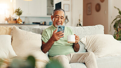 Buy stock photo Home, coffee and senior man with smartphone, relax and texting with tech in living room, smile and online. Communication, retirement and elderly person with mobile for chat, tea and message on app