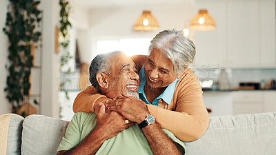 Buy stock photo Elderly couple, happy and hug on sofa with love, bonding or healthy relationship in retirement. Senior man, mature wife or embrace in home living room with commitment, laughing or support in marriage