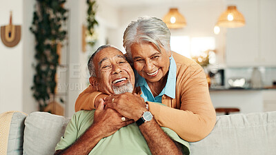 Buy stock photo Elderly couple, happy or hug on sofa with portrait, bonding or healthy relationship in retirement. Senior man, mature wife or love in home living room with commitment, laughing or support in marriage