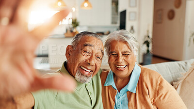 Buy stock photo Home, selfie and senior couple with love, smile and bonding together with profile picture. Face, apartment and old man with elderly woman on sofa, memory and retirement with romance and happiness
