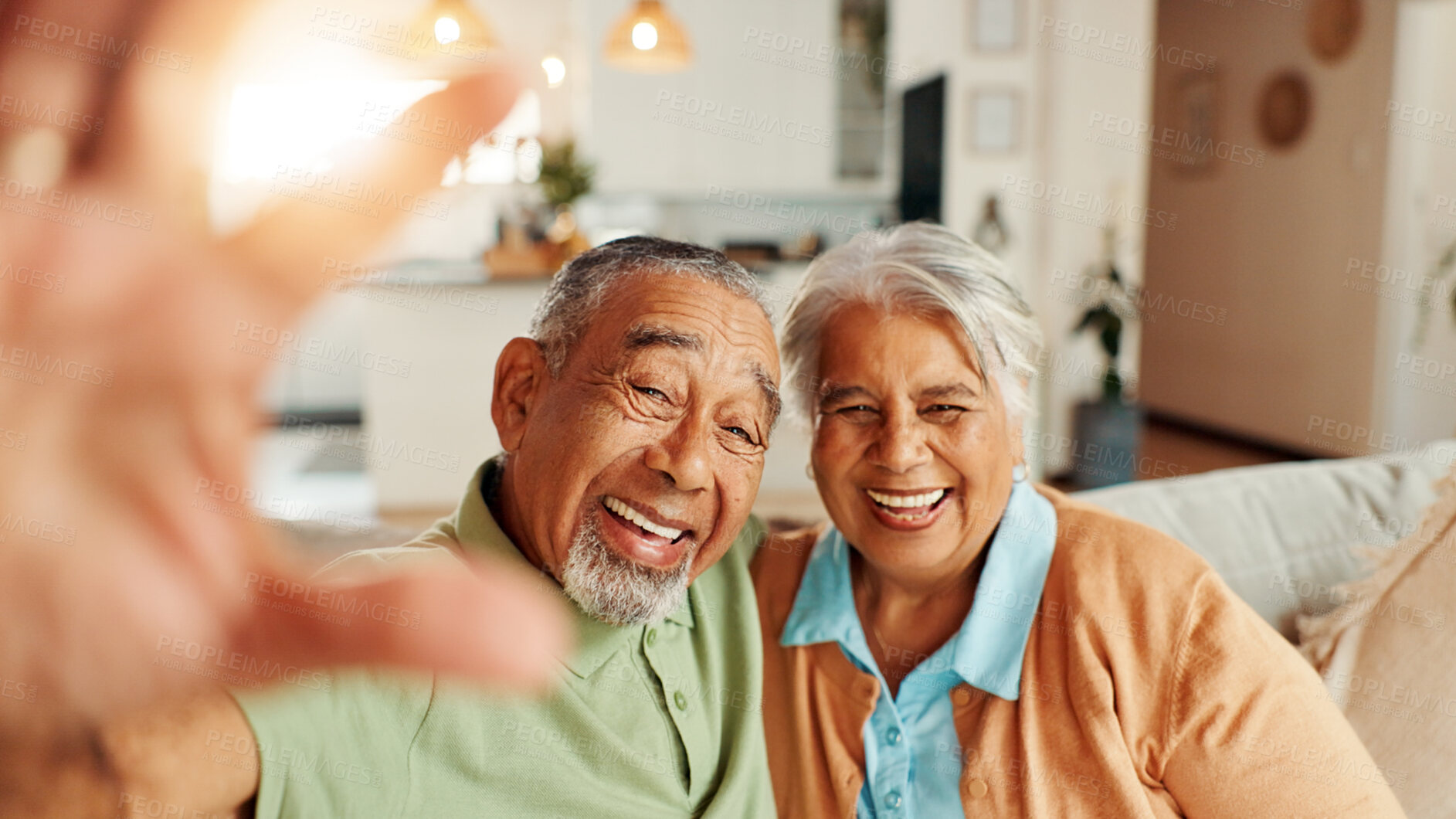 Buy stock photo Home, selfie and senior couple with love, smile and bonding together with profile picture. Face, apartment and old man with elderly woman on sofa, memory and retirement with romance and happiness