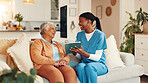 Nurse, senior woman and happy with tablet for report with medical results, feedback or excited with good news. Caregiver, elderly person and smile with digital touchscreen, app or consulting in home