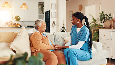 Buy stock photo Holding hands, empathy and nurse with old woman on sofa for healthcare advice, support and trust. Medical caregiver, retirement and cancer growth with senior patient in nursing home for counseling
