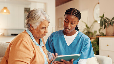 Buy stock photo Tablet, consultation and senior woman with caregiver for medical discussion on sofa in home. Technology, conversation and nurse explain with elderly patient, diagnosis and assisted living at house