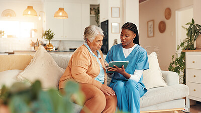 Buy stock photo Tablet, consultation and senior woman with nurse for medical discussion on sofa in home. Technology, conversation and caregiver explain with elderly patient, diagnosis and assisted living at house