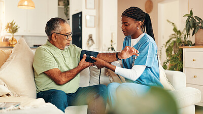 Buy stock photo Mature man, nursing home and blood pressure check with nurse, medical care and health exam on arm. Living room, diagnosis and conversation with healthcare, wellness support and monitoring or test