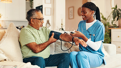 Buy stock photo Mature man, nursing home and blood pressure test with nurse, medical care and health exam on arm. Living room, diagnosis and conversation with healthcare, wellness support and monitoring or checkup
