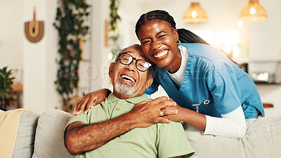 Buy stock photo Hugging, portrait and nurse with senior patient for comfort, support or care for good news. Happy, consultation and caregiver embracing elderly male person on sofa in living room at nursing home.