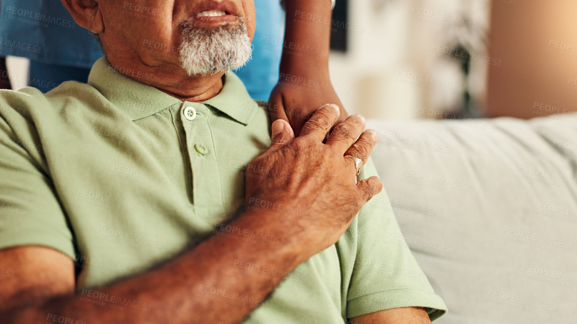 Buy stock photo Holding hands, comfort and nurse with old man on sofa for healthcare advice, support and trust. Medical caregiver, retirement and cancer growth with senior patient in nursing home for counseling