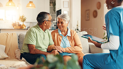 Buy stock photo Nurse, senior couple and tablet in home for report with medical results, feedback or happy for good news. Caregiver, elderly man and woman with digital touchscreen, app or consultation in retirement