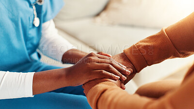 Buy stock photo Holding hands, sympathy and empathy with nurse and old woman for healthcare, kindness and trust. Medical caregiver, retirement and closeup of senior patient in nursing home for help and elderly care