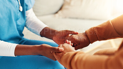 Buy stock photo Holding hands, love and trust with nurse and old woman for healthcare, kindness and empathy. Medical caregiver, retirement and closeup of senior patient in nursing home for help and elderly care
