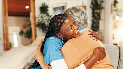 Buy stock photo Hug, support and nurse with old woman on sofa for healthcare advice, kindness and trust. Medical caregiver, retirement and consulting with senior patient in nursing home for help and elderly care