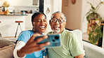 Medical, selfie and smile of nurse with old man on sofa in living room of retirement home. Bonding, memories or profile picture with happy caregiver and senior patient in apartment for healthcare