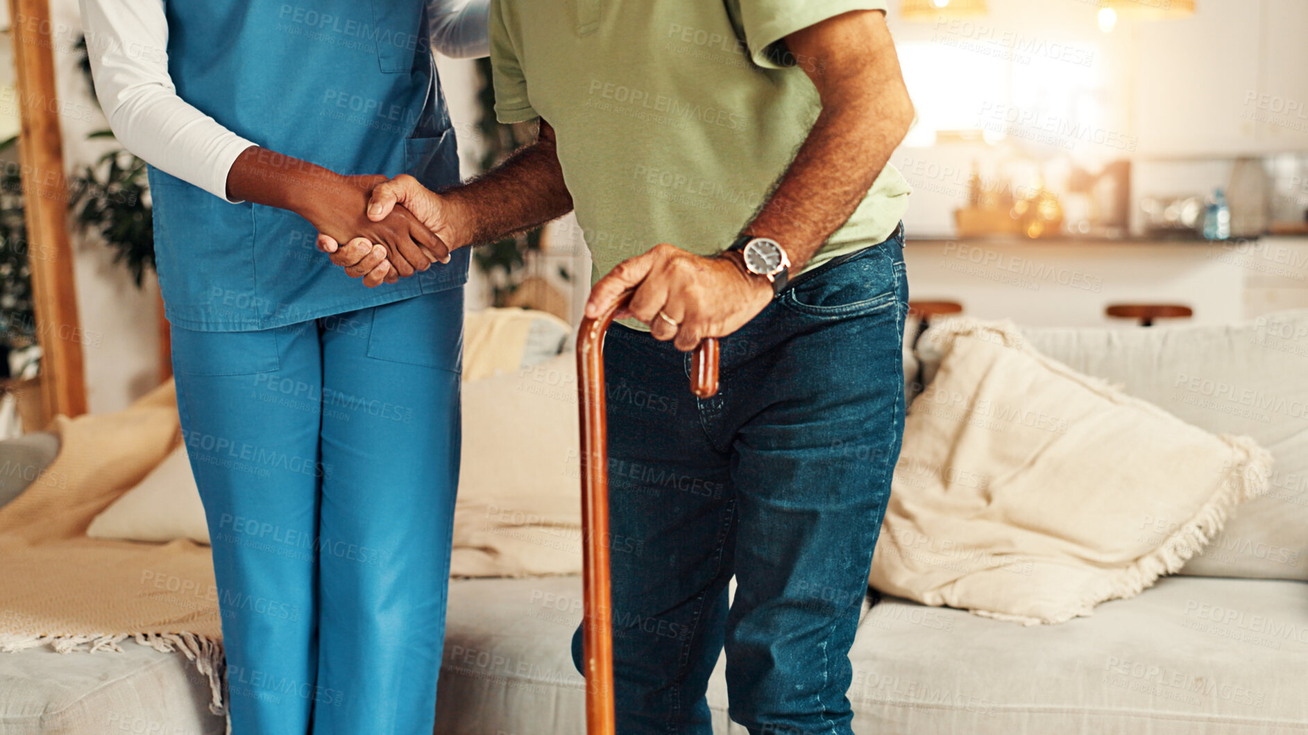 Buy stock photo Holding hands, nurse and senior person with walking stick, home and support for steps, recovery and injury. Caregiver, help and patient with disability, balance and guide for rehabilitation in house