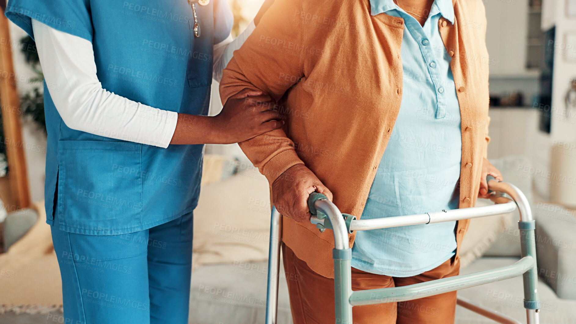 Buy stock photo Nurse, senior person and home with walker, help or support for recovery with injury in living room. Caregiver, guide and elderly patient with disability with steps, frame and rehabilitation in lounge
