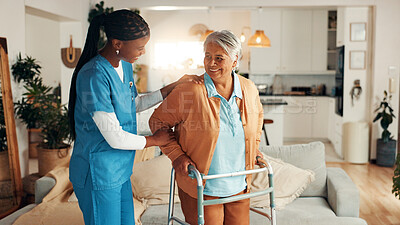 Buy stock photo Nurse, senior woman and home with walker, happy or support for recovery with injury in living room. Caregiver, frame and elderly patient with disability with talk, smile and rehabilitation in lounge