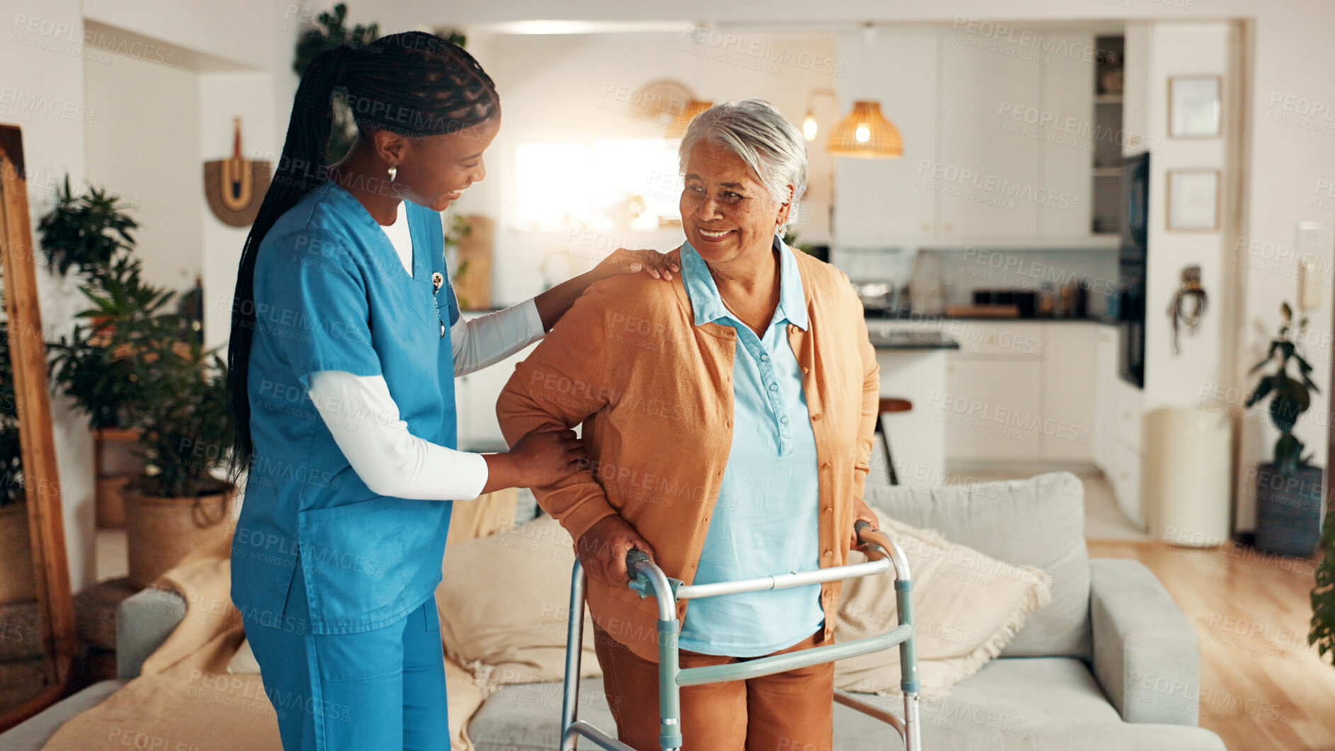 Buy stock photo Nurse, senior woman and home with walker, happy or support for recovery with injury in living room. Caregiver, frame and elderly patient with disability with talk, smile and rehabilitation in lounge