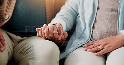 Buy stock photo Senior couple, holding hands and relax in home with love, compassion and support in marriage. Elderly people, bonding and gesture in retirement for trust, loyalty and commitment in relationship