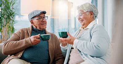 Buy stock photo Home, senior couple and drinking coffee with conversation, relax and enjoy latte together. Old man, happy woman and tea cup in living room for retirement, love or morning chat for marriage on weekend
