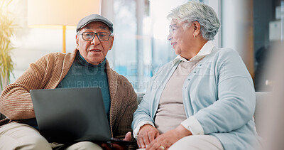 Buy stock photo Senior couple, laptop and relax on sofa in home with movie, streaming and laugh at funny video in lounge. Elderly man, woman and smile with computer, film or subscription in retirement at apartment