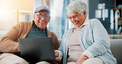 Buy stock photo Senior couple, laptop and laugh on sofa in home with meme, streaming and happy with funny film in lounge. Elderly man, woman and relax with computer, movie or social media in retirement at apartment