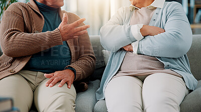 Buy stock photo Hands, couple and argument on sofa at house for fighting, divorce conflict and partner disagreement. Elderly people, communication problem and anger for separation, marriage crisis and betrayal drama