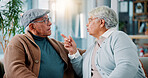 Elderly couple, argument and sofa at house for fighting, divorce conflict and partner disagreement. Senior people, communication problem and confront of separation, marriage crisis and betrayal drama