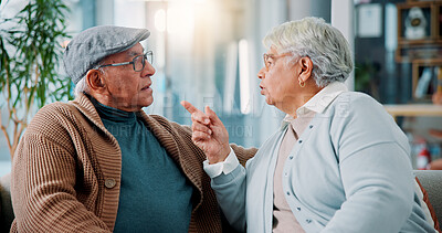 Buy stock photo Elderly couple, argument and sofa at house for fighting, divorce conflict and partner disagreement. Senior people, communication problem and opinion on separation, marriage crisis and betrayal drama