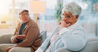 Buy stock photo Elderly couple, ignore and argument at house for fighting, divorce conflict and partner disagreement. Senior people, communication problem and toxic for separation, marriage crisis and betrayal drama