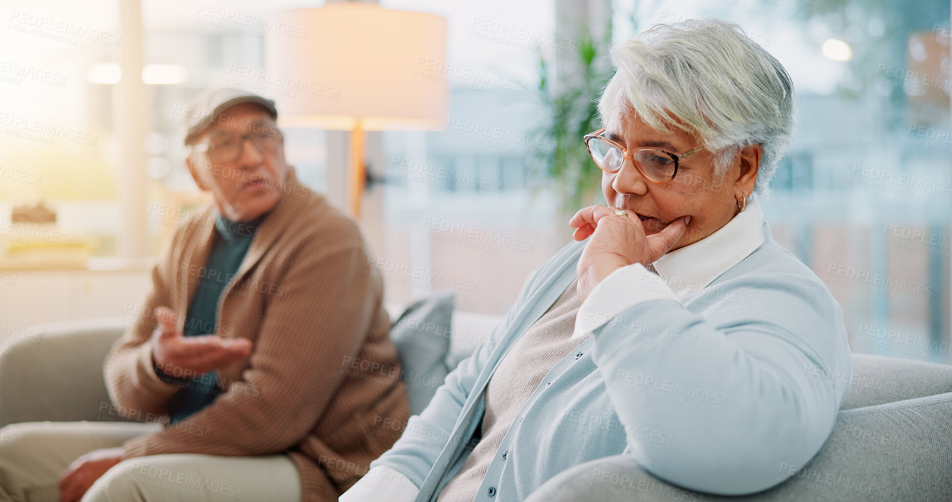 Buy stock photo Elderly couple, ignore and argument at house for fighting, divorce conflict and partner disagreement. Senior people, communication problem and toxic for separation, marriage crisis and betrayal drama