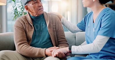 Buy stock photo Sofa, old man and nurse with holding hands for empathy, emotional support and discussion for diagnosis. Home, senior patient and caregiver with compassion for medical condition, hope and conversation
