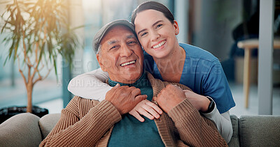 Buy stock photo Portrait, nurse and hug old man in home for support, community care and geriatric wellness. Senior patient, happy caregiver and embrace for medical healthcare, assisted living and retirement together