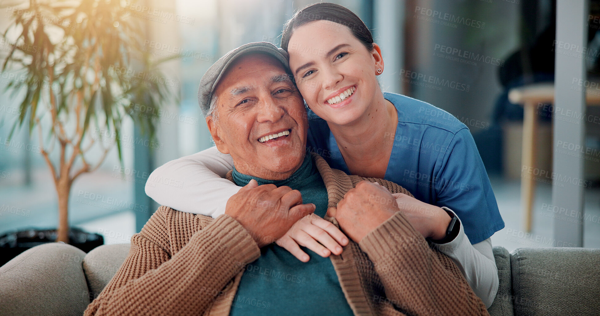 Buy stock photo Portrait, nurse and hug old man in home for support, community care and geriatric wellness. Senior patient, happy caregiver and embrace for medical healthcare, assisted living and retirement together