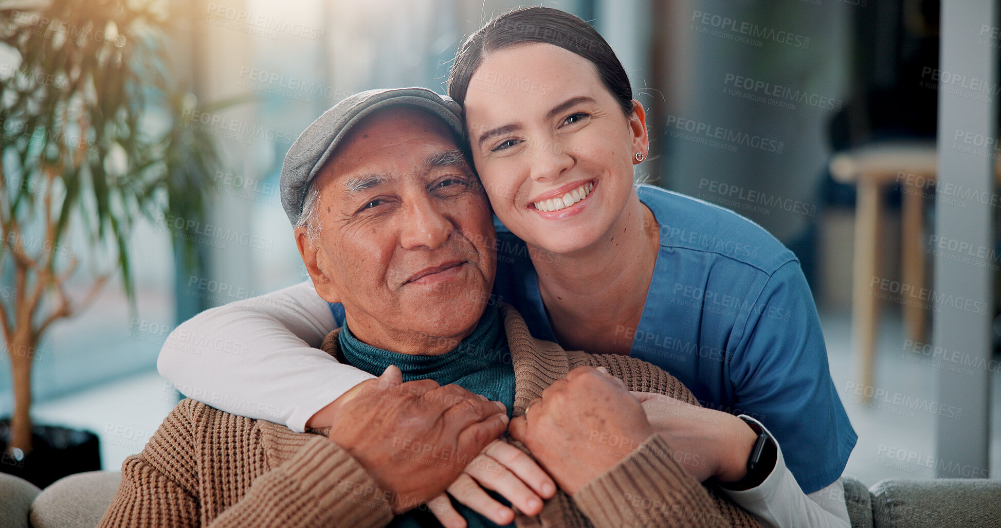 Buy stock photo Happy people, portrait and nurse with elderly patient or hug for healthcare or assisted living at home. Senior, volunteer or caregiver with smile or embrace for support, trust or medicare at house