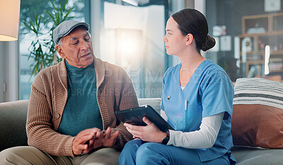 Buy stock photo Sofa, old man and nurse with tablet for consultation, checkup and feedback for medical information. Home, senior person and caregiver with digital for diagnosis update, discussion and health care