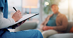 Writing, clipboard and hands of nurse with old man on sofa for counseling, dementia rehabilitation or therapy. Memory support, healthcare and psychiatrist with senior person in office for advice