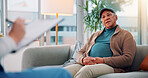 Writing, clipboard and talking with nurse and old man on sofa for counseling, dementia rehabilitation or therapy. Memory support, healthcare and psychiatrist with senior person in office for advice