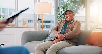 Buy stock photo Tablet, funny and smile with nurse and old man on sofa for counseling, psychologist and laughing therapy. Support, healthcare and joke with senior person in office for advice, happy and consulting