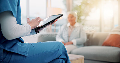 Buy stock photo Therapy, tablet and hands of nurse typing for counseling, occupational therapist and digital checklist. Support, healthcare and online patient records with person in clinic office for advice